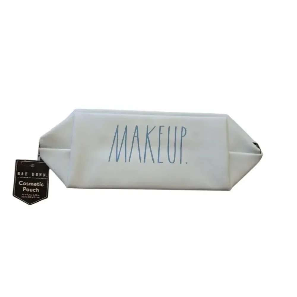 Rae Dunn White Cosmetic Pouch with Blue Text